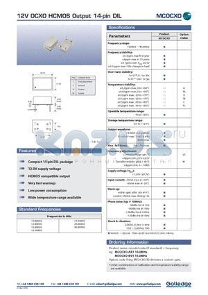 MCOCXO/AR1 datasheet - 12V OCXO HCMOS Output 14-pin DIL