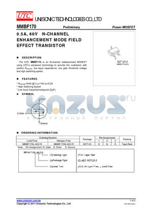 MMBF170L-AE2-R datasheet - 0.5A, 60V N-CHANNEL ENHANCEMENT MODE FIELD EFFECT TRANSISTOR