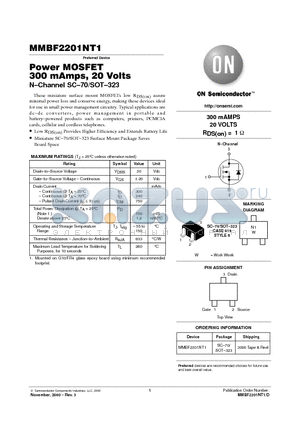 MMBF2201NT1 datasheet - Power MOSFET 300 mAmps, 20 Volts N-Channel SC-70/SOT-323