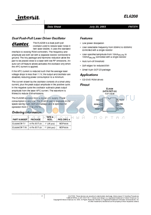 EL6208 datasheet - Dual Push-Pull Laser Driver Oscillator