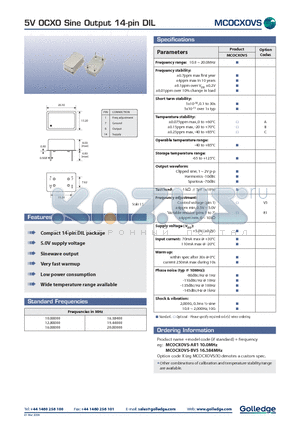 MCOCXOVS datasheet - 5V OCXO Sine Output 14-pin DIL