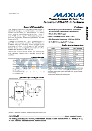 MAX253 datasheet - Transformer Driver for Isolated RS-485 Interface