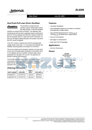 EL6208CW-T7A datasheet - Dual Push-Pull Laser Driver Oscillator