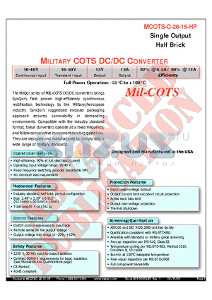 MCOTS-C-28-15-HP datasheet - MILITARY COTS DC/DC CONVERTER