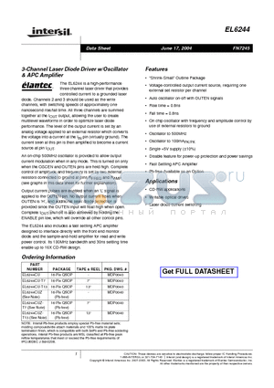 EL6244CU-T13 datasheet - 3-Channel Laser Diode Driver w/Oscillator & APC Amplifier