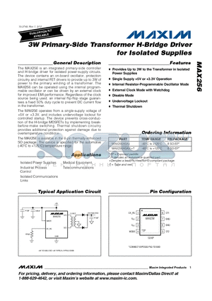 MAX256ASA+ datasheet - 3W Primary-Side Transformer H-Bridge Driver for Isolated Supplies
