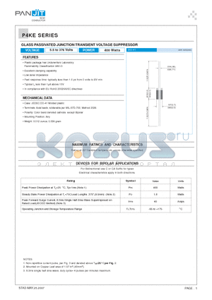 P4KE400 datasheet - GLASS PASSIVATED JUNCTION TRANSIENT VOLTAGE SUPPRESSOR