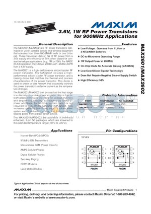 MAX2601ESA datasheet - 3.6V, 1W RF Power Transistors for 900MHz Applications