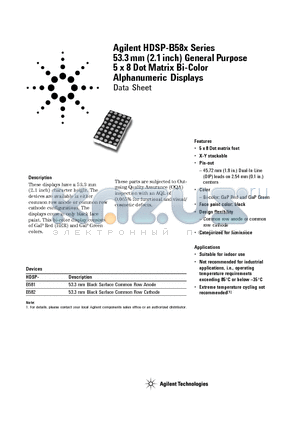 HDSP-B581 datasheet - 53.3 mm (2.1 inch) General Purpose 5 x 8 Dot Matrix Bi-Color Alphanumeric Displays