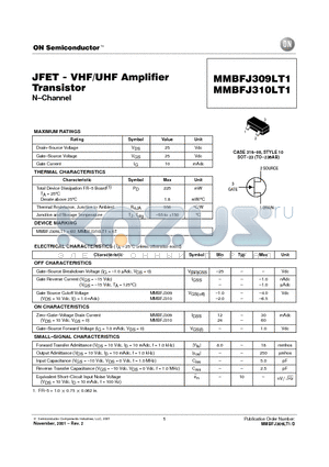 MMBFJ309LT1 datasheet - JFET VHF/UHF Amplifier Transistor