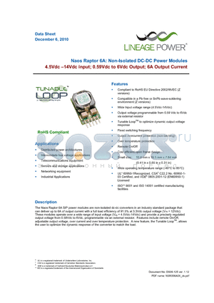 NSR006A0X4-49Z datasheet - Naos Raptor 6A: Non-Isolated DC-DC Power Modules