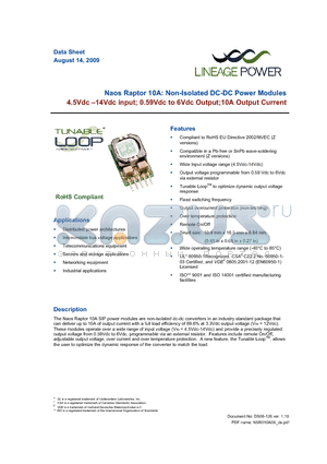 NSR010A0X4Z datasheet - 4.5 - 14Vdc input; 0.59Vdc to 6Vdc Output; 10A output current