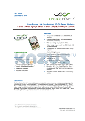 NSR010A0X4Z datasheet - Naos Raptor 10A: Non-Isolated DC-DC Power Modules