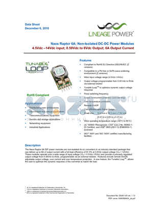 NSR006A0X4Z datasheet - Naos Raptor 6A: Non-Isolated DC-DC Power Modules