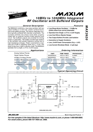 MAX2620 datasheet - 10MHz to 1050MHz Integrated RF Oscillator with Buffered Outputs