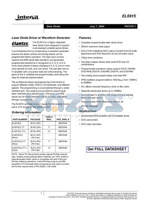 EL6915 datasheet - Laser Diode Driver w/ Waveform Generator