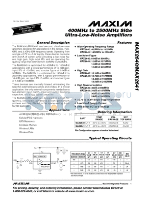 MAX2641 datasheet - 400MHz to 2500MHz SiGe Ultra-Low-Noise Amplifiers