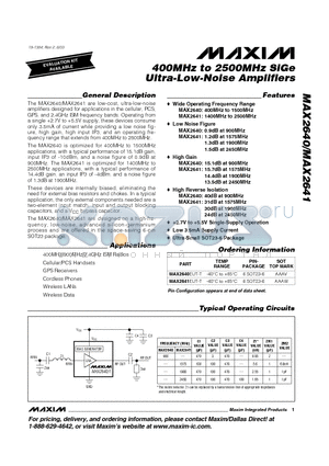 MAX2641EUT-T datasheet - 400MHz to 2500MHz SiGe Ultra-Low-Noise Amplifiers