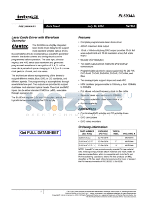 EL6934ACLZ-T13 datasheet - Laser Diode Driver with Waveform Generator