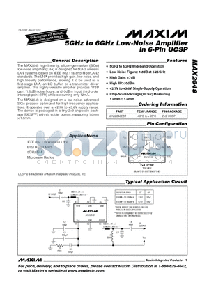 MAX2648 datasheet - 5GHz to 6GHz Low-Noise Amplifier in 6-Pin UCSP