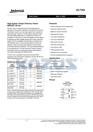 EL7104CN datasheet - High Speed, Single Channel, Power MOSFET Driver