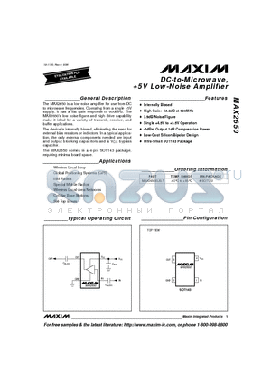 MAX2650EUS-T datasheet - DC-to-Microwave, 5V Low-Noise Amplifier