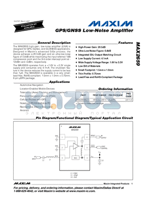 MAX2659ELT datasheet - GPS/GNSS Low-Noise Amplifier