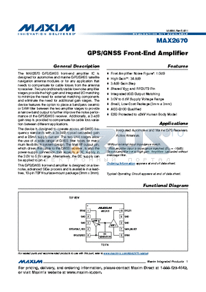 MAX2670GTBT datasheet - GPS/GNSS Front-End Amplifier ESD Protected to a2kV Human Body Model