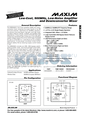 MAX2685 datasheet - Low-Cost, 900MHz, Low-Noise Amplifier and Downconverter Mixer