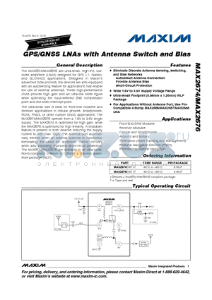 MAX2674EWT datasheet - GPS/GNSS LNAs with Antenna Switch and Bias