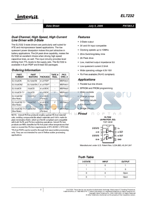 EL7232 datasheet - Dual Channel, High Speed, High Current Line Driver with 3-State