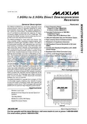 MAX2701ECM datasheet - 1.8GHz to 2.5GHz Direct Downconversion Receivers