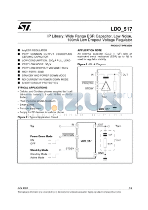 LDO517 datasheet - IP Library: Wide Range ESR Capacitor, Low Noise, 100mA Low Dropout Voltage Regulator