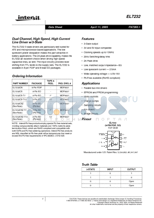EL7232CS-T13 datasheet - Dual Channel, High Speed, High Current Line Driver w/3-State