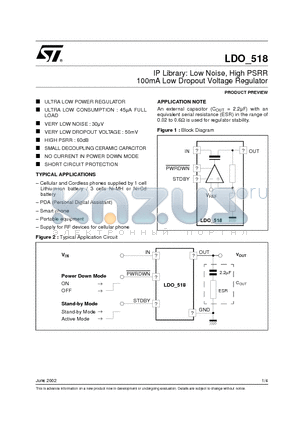 LDO518 datasheet - IP Library: Low Noise, High PSRR 100mA Low Dropout Voltage Regulator