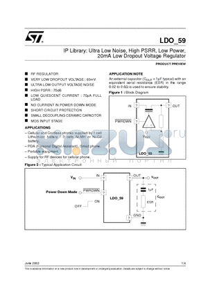 LDO59 datasheet - IP Library: Ultra Low Noise, High PSRR, Low Power, 20mA Low Dropout Voltage Regulator