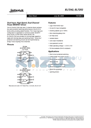 EL7242 datasheet - Dual Input, High Speed, Dual Channel Power MOSFET Driver