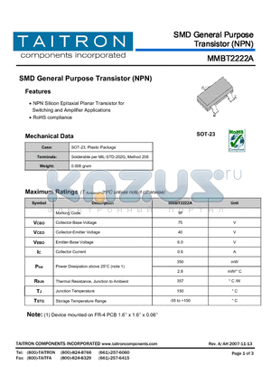 MMBT2222A datasheet - SMD General Purpose Transistor (NPN)