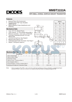 MMBT2222A-7 datasheet - NPN SMALL SIGNAL SURFACE MOUNT TRANSISTOR