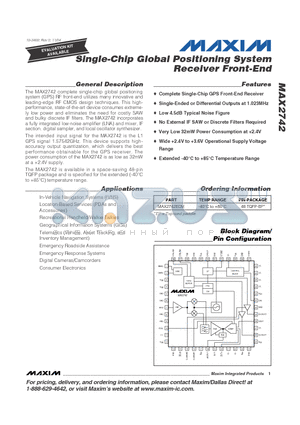 MAX2742 datasheet - Single-Chip Global Positioning System Receiver Front-End