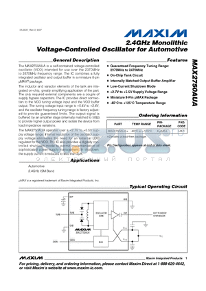MAX2750AUA+ datasheet - 2.4GHz Monolithic Voltage-Controlled Oscillator for Automotive