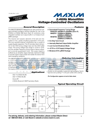 MAX2750EUA+ datasheet - 2.4GHz Monolithic Voltage-Controlled Oscillators