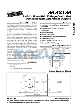 MAX2753 datasheet - 2.4GHz Monolithic Voltage-Controlled Oscillator with Differential Outputs