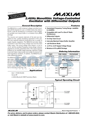 MAX2753EUA datasheet - 2.4GHz Monolithic Voltage-Controlled Oscillator with Differential Outputs