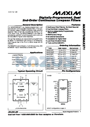 MAX270 datasheet - Digitally-Programmed, Dual 2nd-Order Continuous Lowpass Filters
