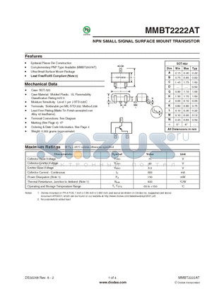 MMBT2222AT datasheet - NPN SMALL SIGNAL SURFACE MOUNT TRANSISTOR