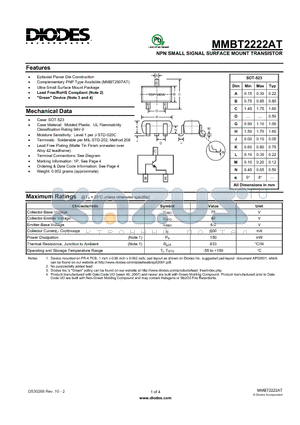 MMBT2222AT datasheet - NPN SMALL SIGNAL SURFACE MOUNT TRANSISTOR