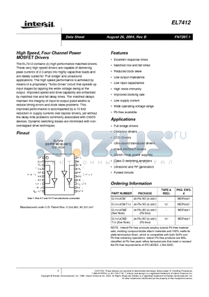 EL7412CMZT13 datasheet - High Speed, Four Channel Power MOSFET Drivers