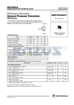 MMBT2222AWT1 datasheet - General Purpose Transistor