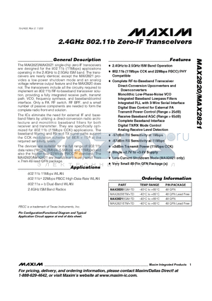 MAX2820 datasheet - 2.4GHz 802.11b Zero-IF Transceivers